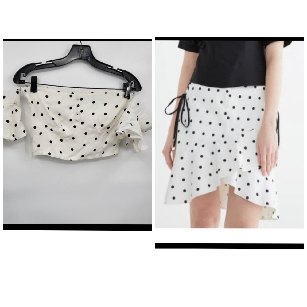 Blancore Women White 2 Piece Polkadot Off Shoulder Crop Top Ruffle Skirt Small